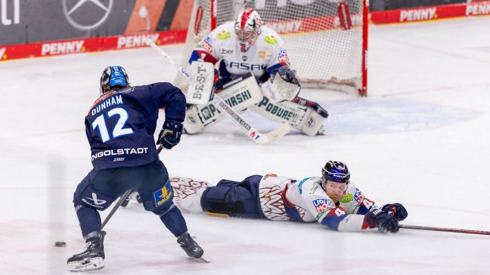 Ingolstadts Noah Dunham beim Schuss im Spiel gegen die Eisbären | Bild: IMAGO/Fotostand Ingolstadts Noah Dunham beim Schuss im Spiel gegen die Eisbären | Bild: IMAGO/Fotostand