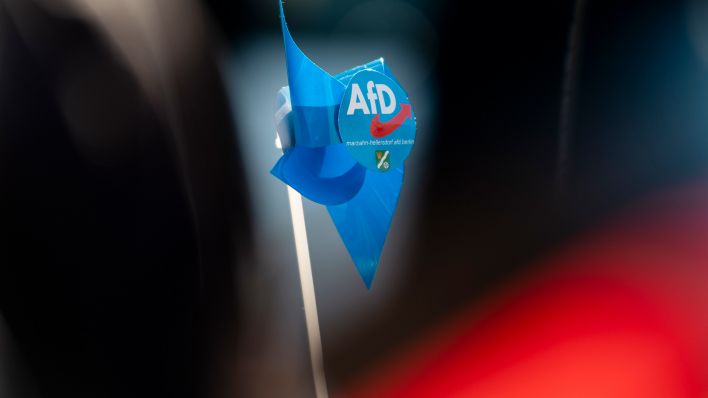 Symbolbild: Bei einer AfD-Kundgebung in Marzahn hält ein Teilnehmer ein Windrad mit dem Logo der AfD in der Hand. (Quelle: dpa/Knowles)